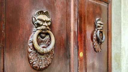 Old wooden door with metal knocker handles. Siena, Italy. Vintage style. Close-up. Mobile photo