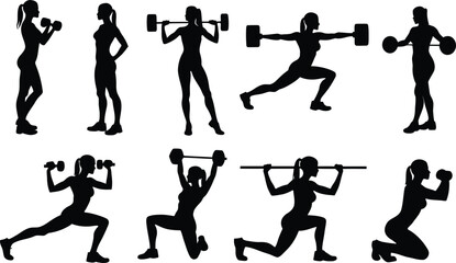 Set or collection of various woman sports exercising silhouettes.
