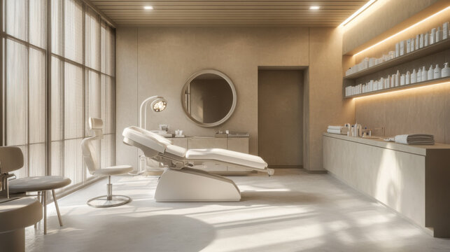 Modern aesthetic treatment room featuring a comfortable chair and calming decor in a bright natural light environment