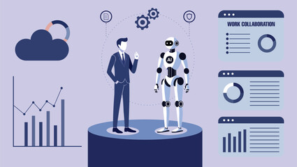 Illustration of a businessman interacting with an artificial intelligence robot or ai agent. The scene includes charts, cloud computing, work collaboration and data analysis in business.