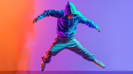 Obraz premium A Young Man in a Blue Hoodie Jumps Mid-Air Against a Gradient Background