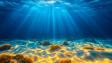 Fototapeta premium Sunlight pierces through the ocean's surface, illuminating the sandy seabed and creating a serene underwater scene teeming with vibrant marine life.