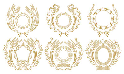 Obraz premium Six golden wreaths with various stylized plants and other decorative elements. Vector collection
