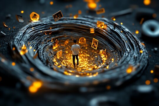 Fantasy depiction of a person walking through a dreamlike world of past memories, with glowing mementos and floating scenes from their youth