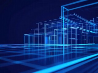 Blueprint of a simple modern building with geometric forms, open spaces, and clean surfaces, Minimalist architecture, blue lines, high precision