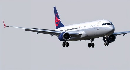 Fototapeta premium Side view of a commercial airplane landing on a plain white background.