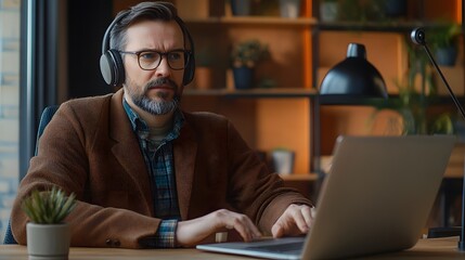 Bearded Man in Glasses Using Laptop with Headphones On