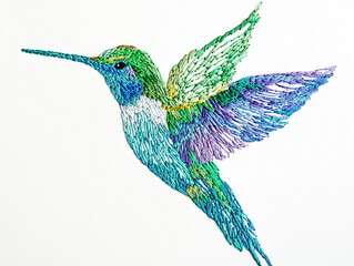 Colorful hummingbird embroidery on white fabric background