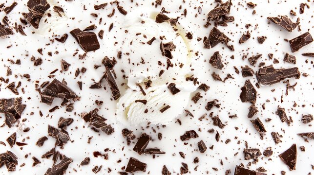 Close-up top view of vanilla ice cream mixed with chocolate flakes, placed against a clean white background, capturing the essence of a delicious stracciatella treat
