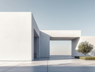 Blueprint of a minimalist building with geometric precision, clean surfaces, and open spaces, Modernist design, monochrome, sharp layout