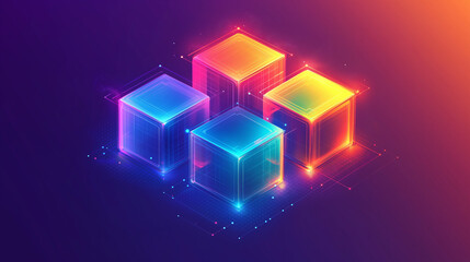 Colorful glowing cubes arranged in a visually striking pattern against a vibrant purple background