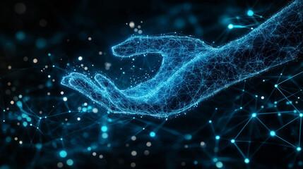 A glowing hand reaching out in a digital landscape filled with interconnected particles and networks