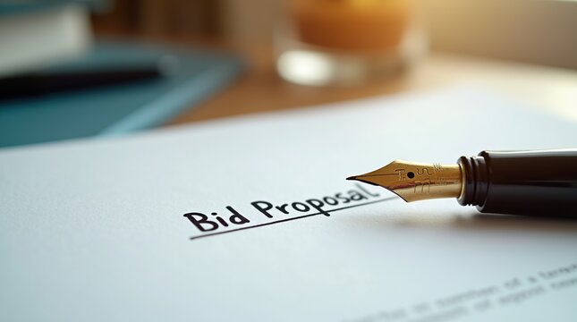 Business bid proposal document with fountain pen and glasses