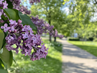 Obraz premium Lilac flowers blooming along sunny park pathway