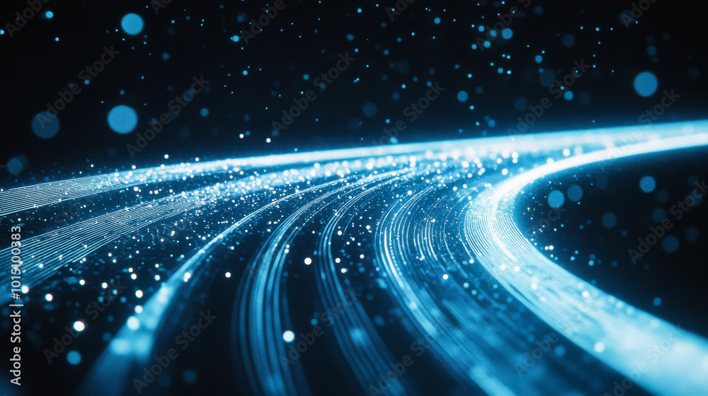 Poster glowing blue lines and particles create an abstract visual representation of technology in a dark ba