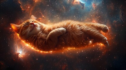 Fototapeta premium Ethereal Feline Floating Through Cosmic Realms Amidst Glowing Nebulae and Starry Skies