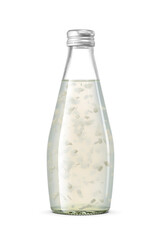 Clear bottle of juice with coconut pieces isolated. Transparent PNG image.
