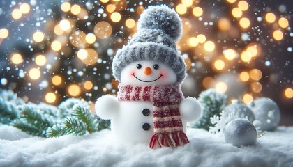 Obraz premium A cheerful snowman wearing a scarf and hat, standing in the snow with twinkling lights in the background,generative ai