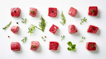 Diced raw beef neatly arranged on a clean white background, showcasing fresh cuts of meat for culinary preparation or recipe concepts