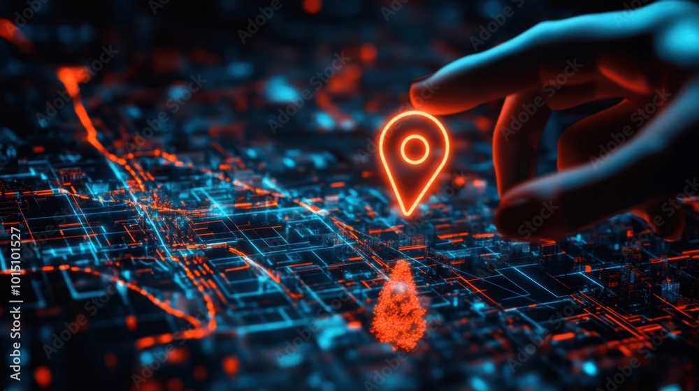 Poster digital hand interacting with a map displaying two pins, representing advanced gps technology for fu