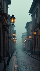 Foggy Street with Cobblestone and Streetlights.