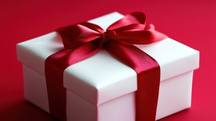 Obraz premium Elegant white gift box adorned with a vibrant red ribbon, set against a striking red background, perfect for festive celebrations and holidays