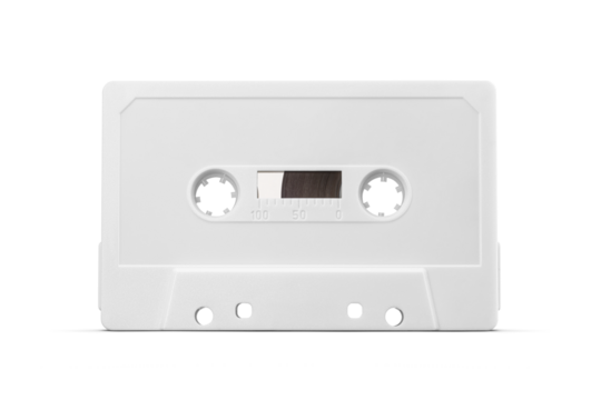 White plastic audio cassette tape isolated. Front view. Transparent PNG image.
