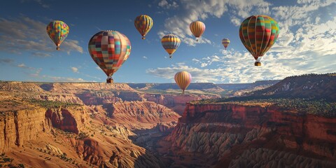 Obraz premium A vibrant display of colorful hot air balloons soaring over rugged canyon landscapes, capturing the beauty of nature.