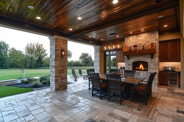 Outdoor covered patio with stone fireplace, dining table, chairs, built-in kitchen, tiled floor, green grass, skylights