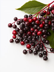 Glossy black elderberries with fine texture and vibrant red accents, showcasing their natural beauty against clean background. These berries are perfect for culinary uses and health benefits