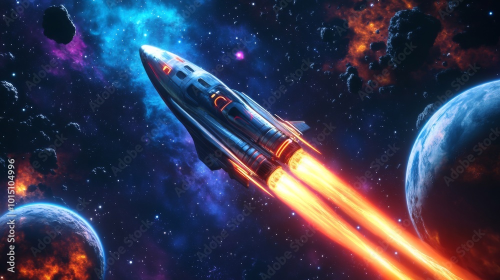 Poster a spaceship with glowing engines flies through a dark space filled with distant stars and planets. t