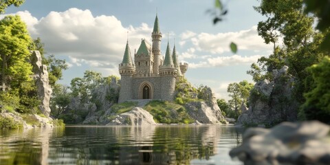Obraz premium A majestic stone castle with tall spires surrounded by lush greenery and a serene lake, creating a fairytale atmosphere.