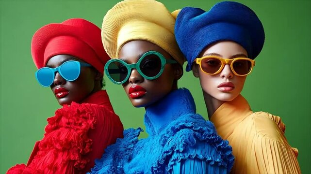 Young female models in stylish clothes, berets and glasses, take a comfortable and spectacular position for a joint fashion photo shoot