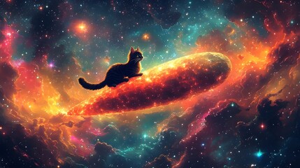 Obraz premium Cosmic Cat Riding a Comet Through a Vibrant Galactic Landscape