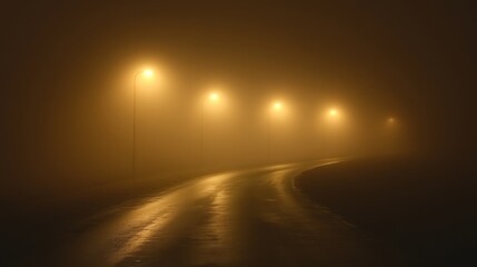 Night road shrouded in mist and fog with dim street lights, evoking a surreal and eerie atmosphere in low light