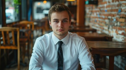 Obraz premium Young man in white shirt and tie sitting at a cafe table