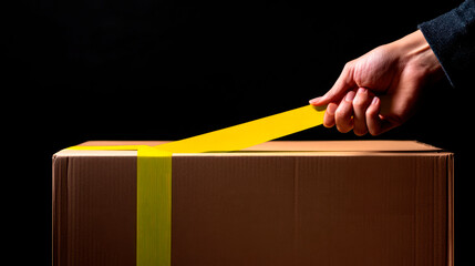 Warehouse worker closing cardboard box using yellow tape