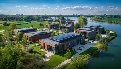 Obraz premium Aerial view modern family houses with backyards in residential area