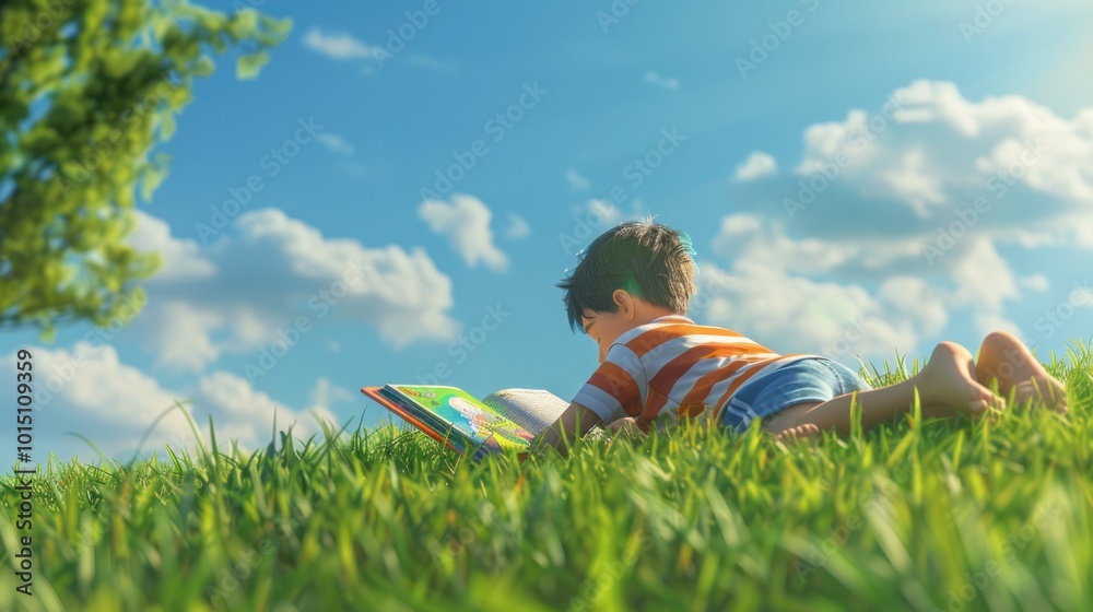 Sticker Boy Lying in Grass Reading a Book with a Blue Sky and Clouds