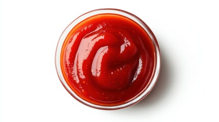 Top view of red ketchup splattered across a white background, emphasizing the vivid color and texture of tomato puree