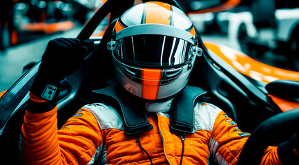 Karting driver wearing helmet and suit sitting in karting