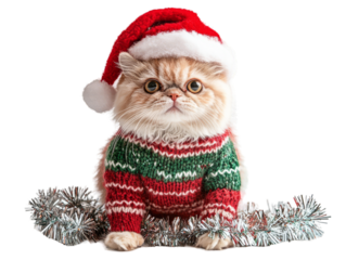  Persian kitten wearing a Santa hat and festive Christmas sweater sitting on silver tinsel decoration, isolated on transparent background, cute holiday pet portrait for Christmas greeting cards