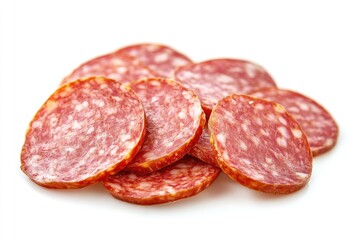 Obraz premium Sliced Salami Sausage, Italian Delicacy on White Background