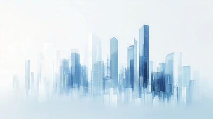 Fototapeta premium Blue gradient city skyline against a white background, with data visualization elements and graphs, conveying a technology theme