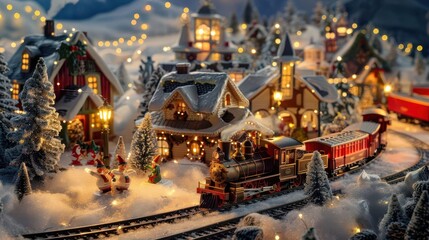 Obraz premium whimsical christmas village scene with vintage toy train. snow-covered landscape dotted with twinkling lights and cozy cottages. santa's workshop visible in distance, elves busy at work.