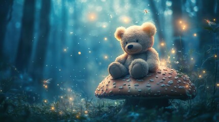 whimsical fantasy forest scene with oversized plush teddy bear sitting on a giant mushroom, surrounded by glowing fireflies and ethereal mist