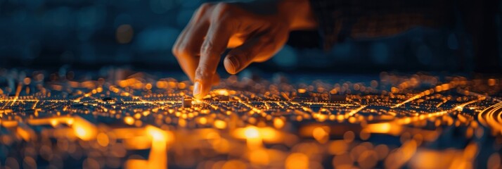 Close-up of a finger touching a glowing digital map interface with illuminated pathways, symbolizing technology, data navigation, and innovation.