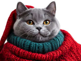 Close-up of a British Shorthair cat wearing a red knitted hat and wrapped in a cozy green sweater, isolated on a transparent background, cute festive holiday pet portrait in warm Christmas clothing