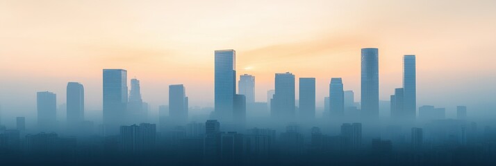 A hazy cityscape at sunrise, with tall buildings silhouetted against a pale orange sky, suggesting a sense of hope and renewal amidst the pollution.