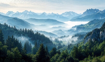 Morning fog filling valley with evergreen forest and high mountains on background